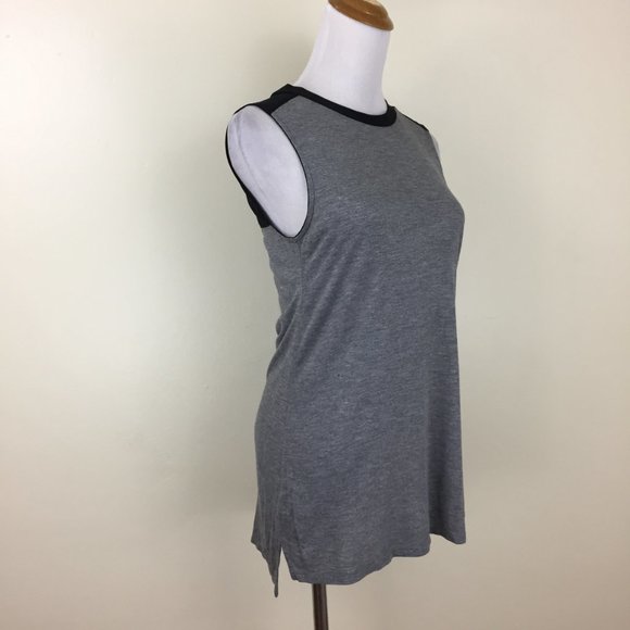 VINCE Gray Jersey Black Silk Trim Colorblock Slit Hem Sleeveless High Neck Top - Picture 1 of 15